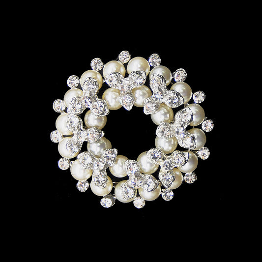 Rhinestone Brooch - 2" Pin-on Wreath with Rhinestones and Pearls - BW-179 Sliver