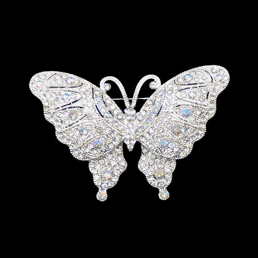 Rhinestone Brooch - 2" Rhinestone Pin-on Butterfly - BW-182 Silver