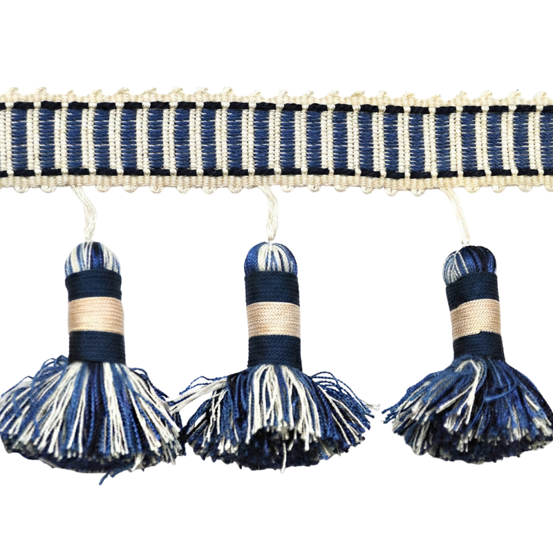Belagio Enterprises Godiva Collection 4" Large Tassel Fringe - 25 Yard Roll - Navy Blue and Ivory | Style BF-4098