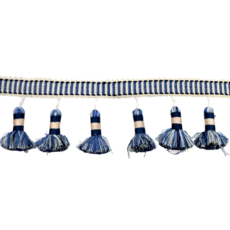 Belagio Enterprises Godiva Collection 4" Large Tassel Fringe - 25 Yard Roll - Navy Blue and Ivory | Style BF-4098