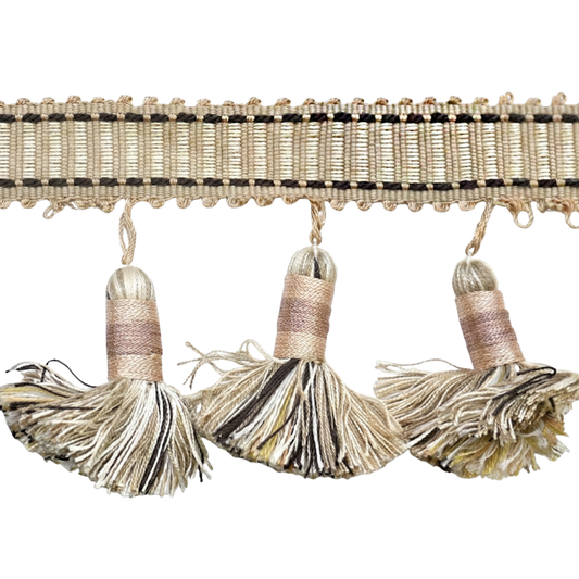 Belagio Enterprises Godiva Collection 4" Large Tassel Fringe - 25 Yard Roll - Beige and Chocolate | Style BF-4098