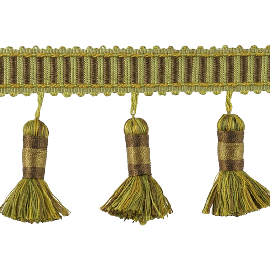 Belagio Enterprises Godiva Collection 4" Large Tassel Fringe - 25 Yard Roll - Moss Green and Mocha | Style BF-4098