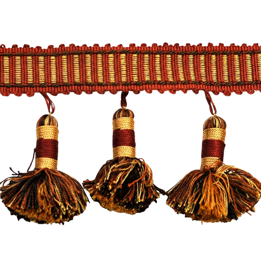 Belagio Enterprises Godiva Collection 4" Large Tassel Fringe - 25 Yard Roll - Dark Brick & Chocolate | Style BF-4098