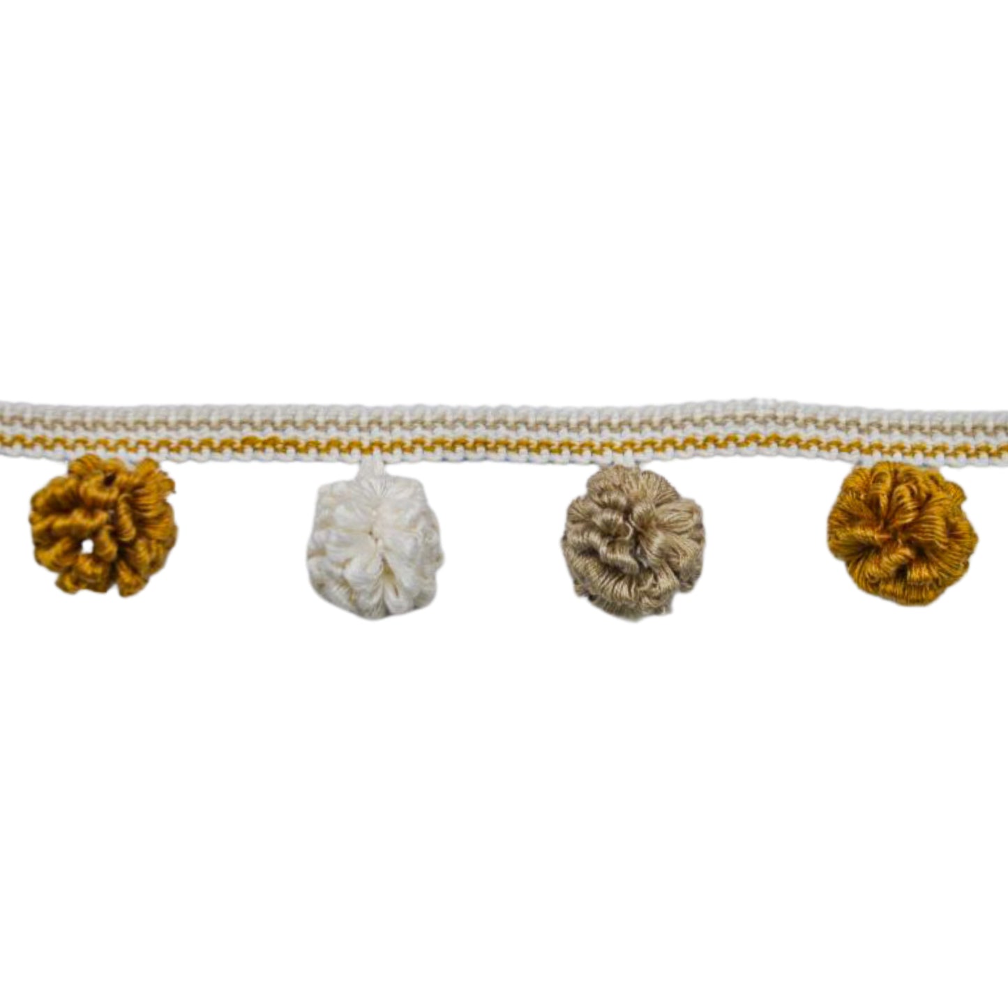 Decorative trim with pom-poms on a white background