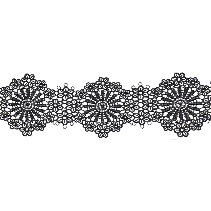 A strip of black Venice lace trim with a floral pattern.