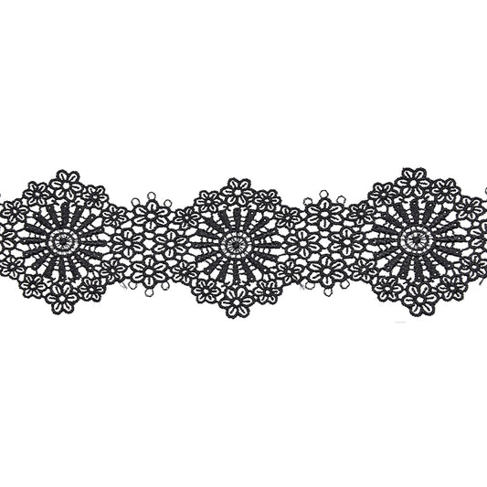 A strip of black Venice lace trim with a floral pattern.