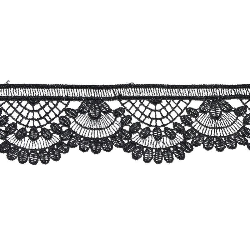 A black lace trim with a floral pattern and scalloped edges, displayed against a white background.