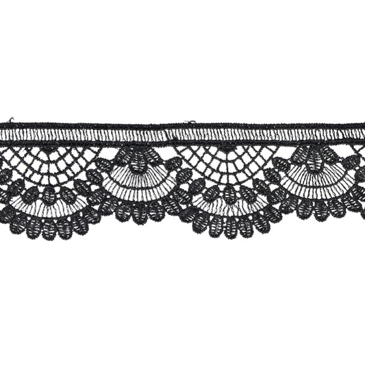 A black lace trim with a floral pattern and scalloped edges, displayed against a white background.