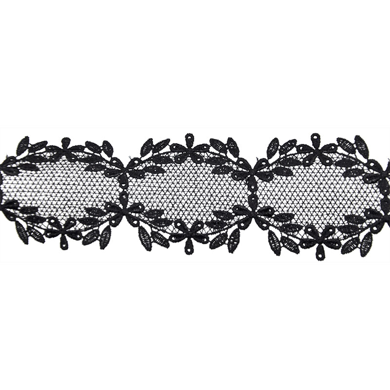Black floral wreath Venice lace trim on white background
