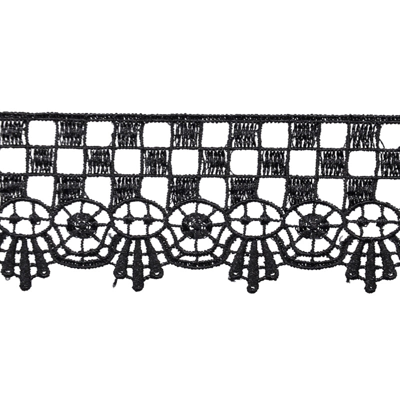 A 2 inch width black Venice lace trim on a plain background, designed for use in apparel and crafts.