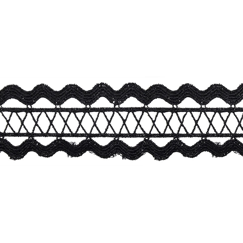 A 5-yard roll of black Venice lace trim with a scalloped edge design.