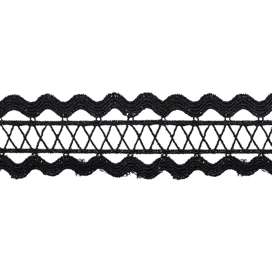 A 5-yard roll of black Venice lace trim with a scalloped edge design.