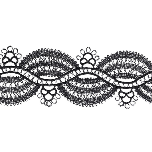 A 5-yard roll of black Venice lace trim with a 1 1/2-inch width.