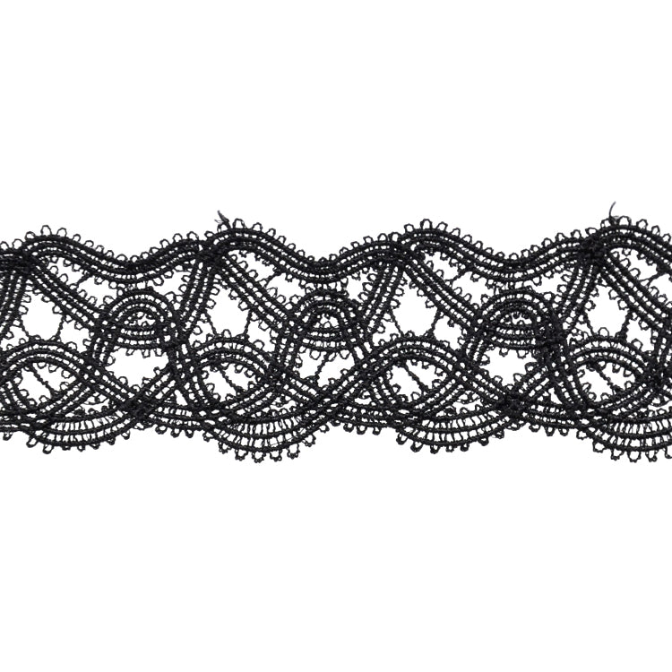 A roll of black Venice lace trim with a 1 1/2 inch width.
