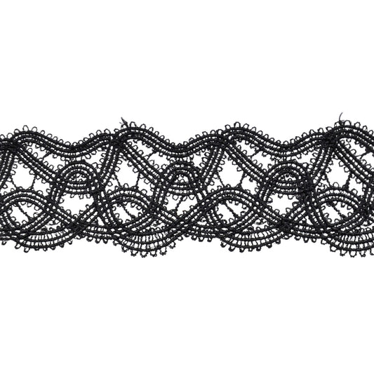 A roll of black Venice lace trim with a 1 1/2 inch width.