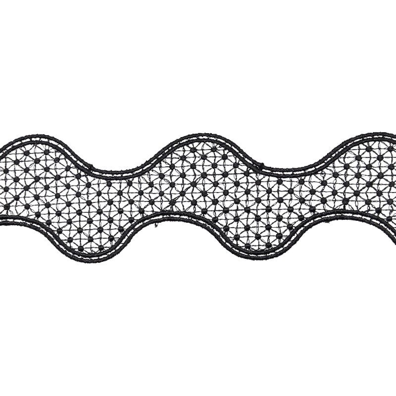 A continuous roll of black Venice lace trim with a floral pattern.