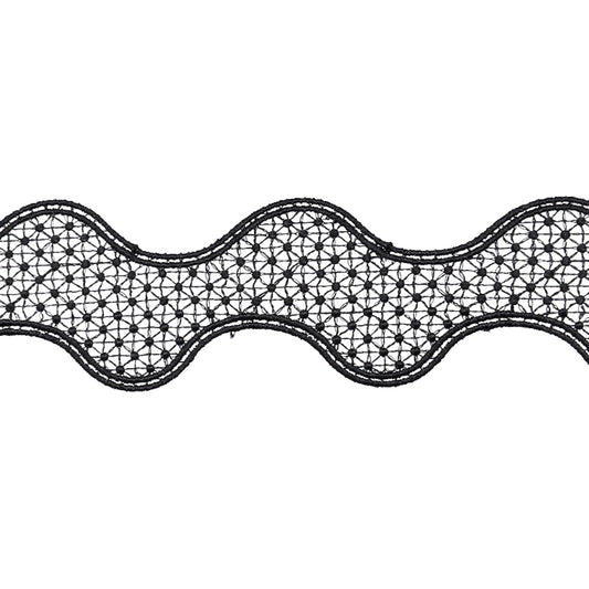 A continuous roll of black Venice lace trim with a floral pattern.