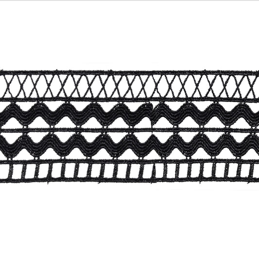 A close-up image of a black Venice lace trim with a distinctive pattern.