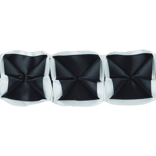 A series of box pleated ribbons in black and white, arranged in parallel against a white background.