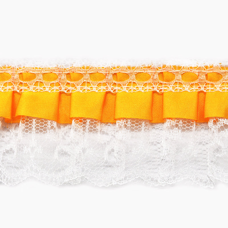 A 2-inch wide gathered lace with satin edge, displayed in a canary yellow color, against a white background.