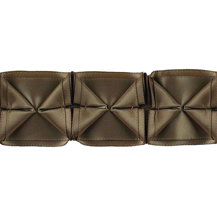 A 1 1/2 inch wide box pleated ribbon in a chocolate color, displayed in a repeated pattern across a 10-yard roll.
