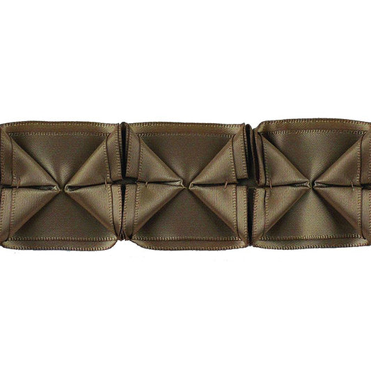 A 1 1/2 inch wide box pleated ribbon in a chocolate color, displayed in a repeated pattern across a 10-yard roll.