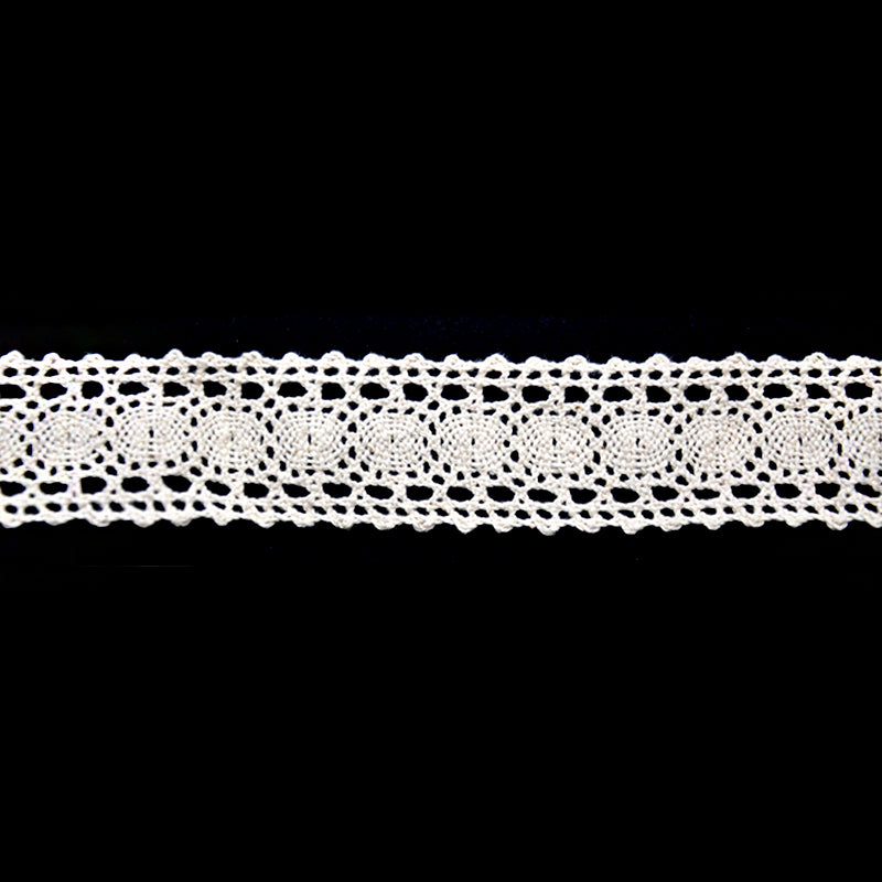 A roll of cotton cluny lace trim in ivory color with a oval pattern.