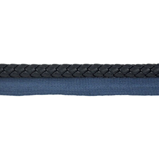 A navy blue faux leather cord with lip, 3/8 inch in width.