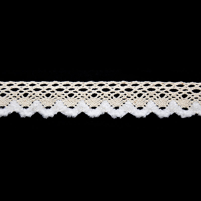 A roll of cotton cluny lace trim in ivory color, displayed against a black background.
