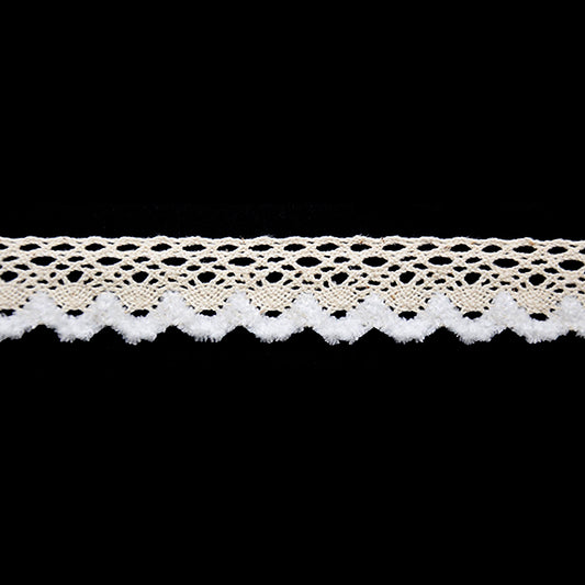 A roll of cotton cluny lace trim in ivory color, displayed against a black background.