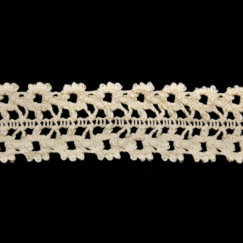 A roll of cotton lace trim with a floral pattern in ivory color.