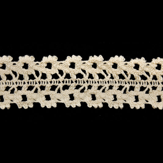 A roll of cotton lace trim with a floral pattern in ivory color.