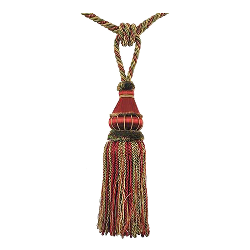 A 11-inch length curtain tassel tieback in dark brick and brown colors, featuring a decorative knot and metallic accents.