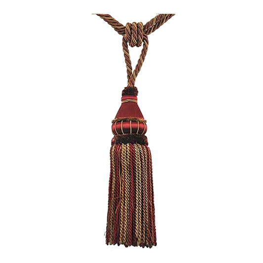 A single tassel tieback with plum and toffee colors, designed for window treatments.