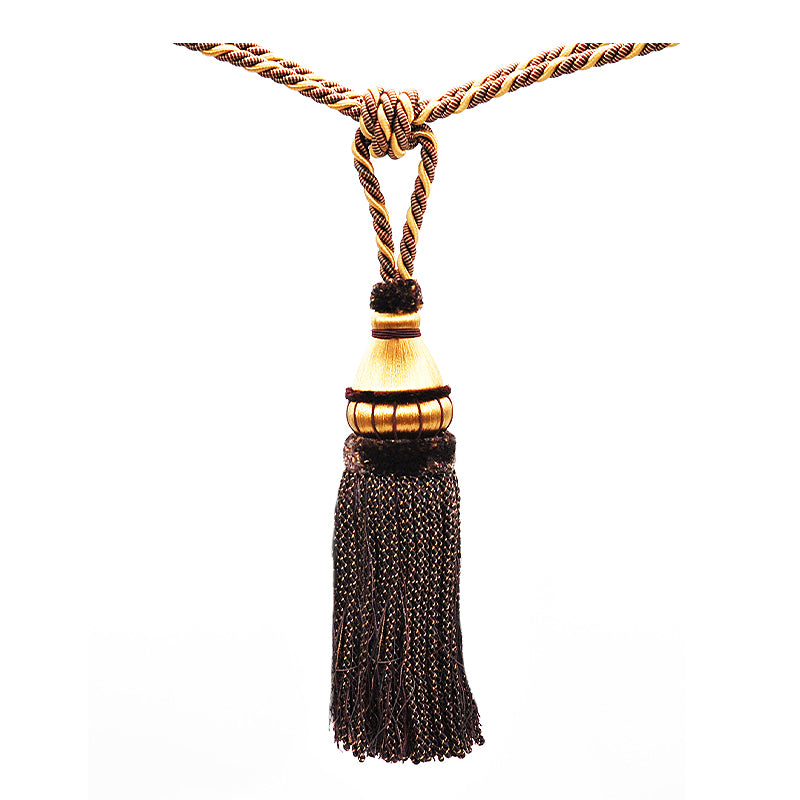 A 11-inch length curtain tassel tieback in purple and mocha colors with a twisted rope and a tassel.