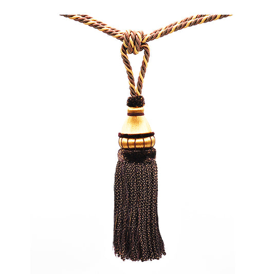 A 11-inch length curtain tassel tieback in purple and mocha colors with a twisted rope and a tassel.