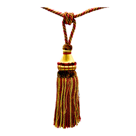 A 11-inch length curtain tassel tieback in rust and gold colors, featuring a decorative knot and a hanging loop.