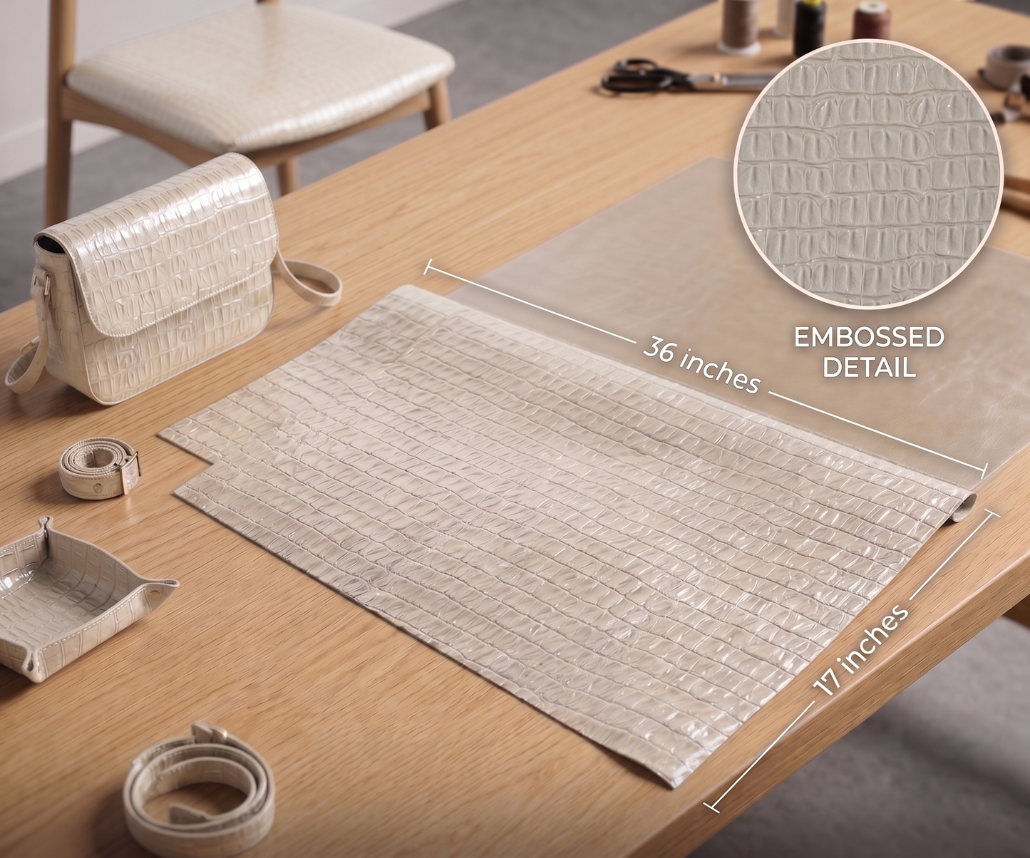 Belagio Enterprises 17" x 36" Faux Crocodile Vinyl Fabric – Embossed Cream Vegan Leather for Handbags, Upholstery & DIY Crafts