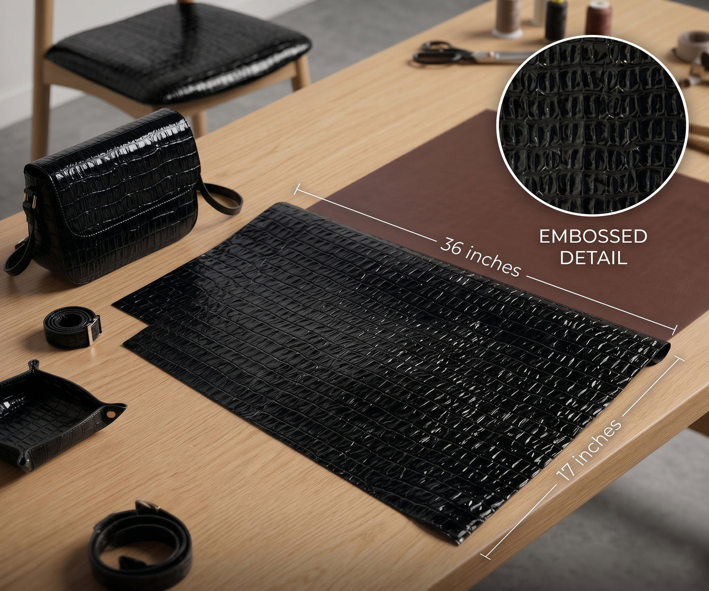 Belagio Enterprises 17" x 36" Faux Crocodile Vinyl Fabric – Embossed Black Vegan Leather for Handbags, Upholstery & DIY Crafts