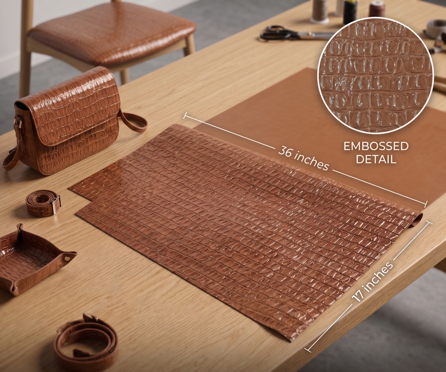 Belagio Enterprises 17" x 36" Faux Crocodile Vinyl Fabric – Embossed Toffee Vegan Leather for Handbags, Upholstery & DIY Crafts