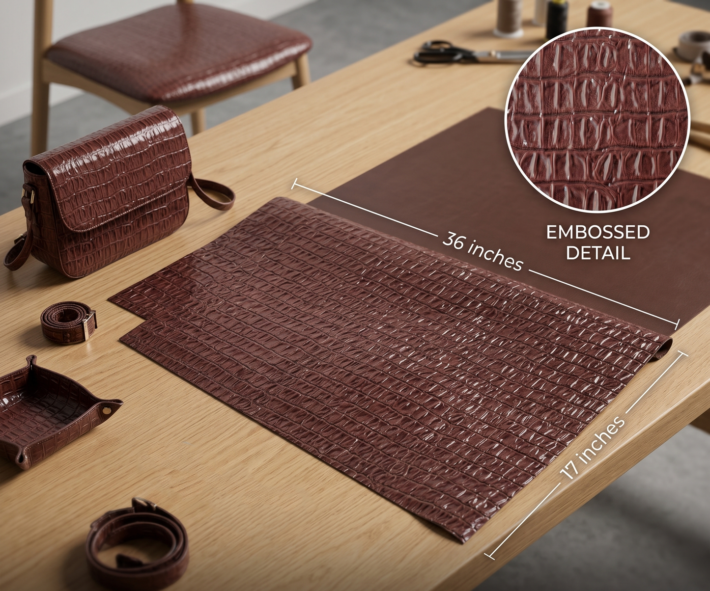Belagio Enterprises 17" x 36" Faux Crocodile Vinyl Fabric – Embossed Chocolate Brown Vegan Leather for Handbags, Upholstery & DIY Crafts