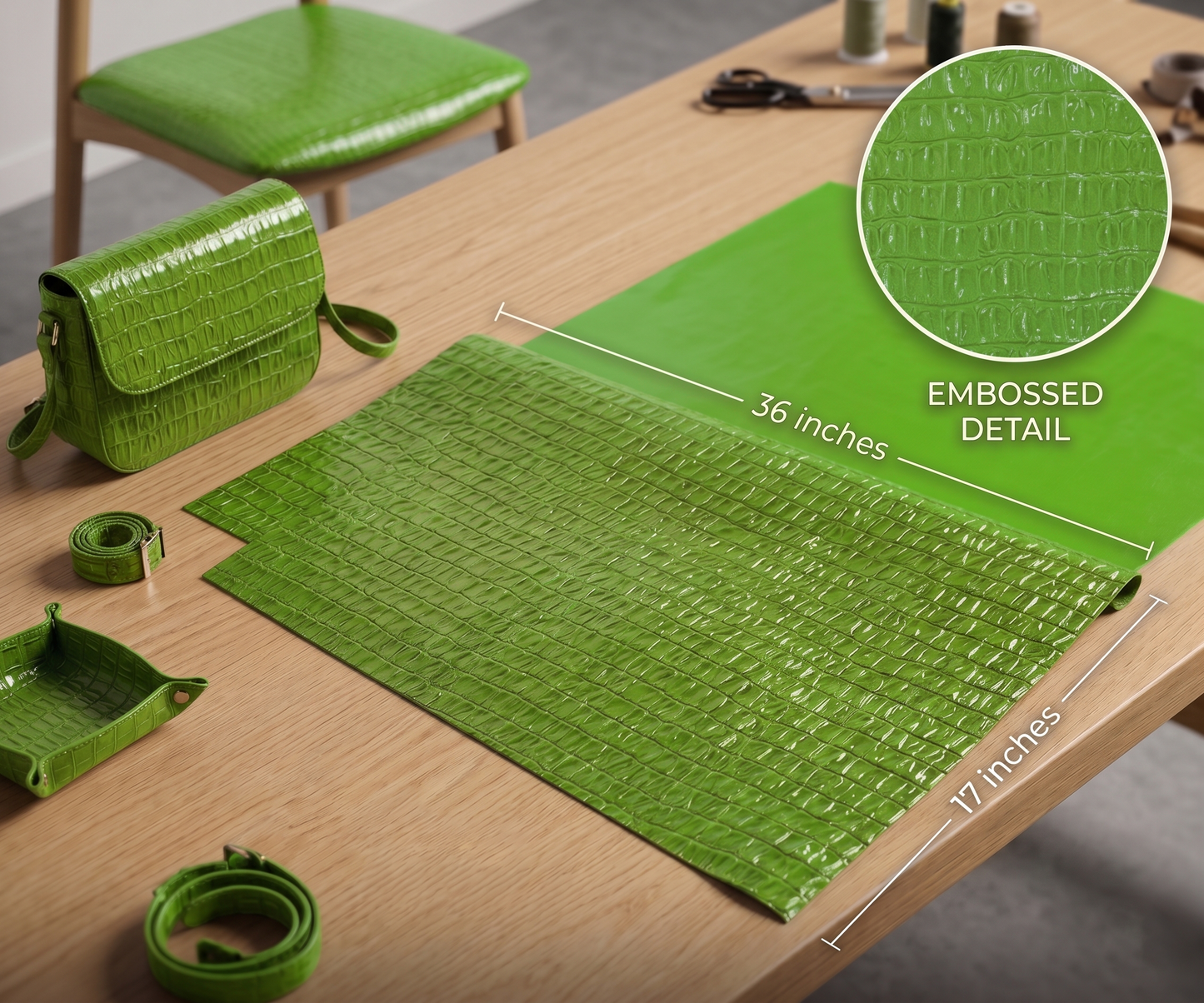 Belagio Enterprises 17" x 36" Faux Crocodile Vinyl Fabric – Embossed Lime Green Vegan Leather for Handbags, Upholstery & DIY Crafts