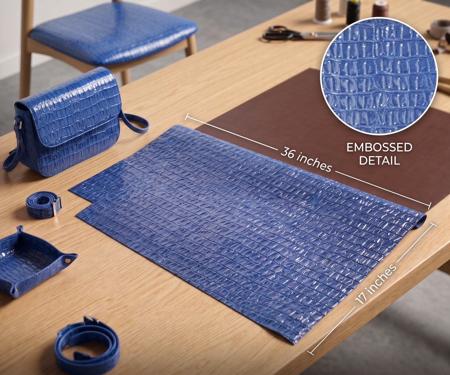 Belagio Enterprises 17" x 36" Faux Crocodile Vinyl Fabric – Embossed Navy Blue Vegan Leather for Handbags, Upholstery & DIY Crafts