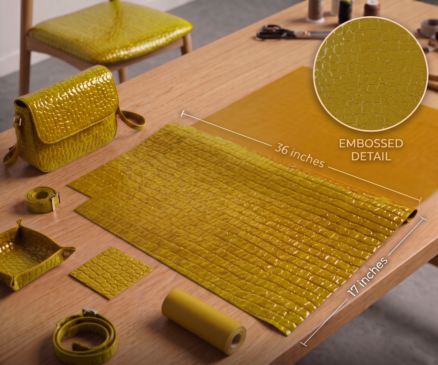 Belagio Enterprises 17" x 36" Faux Snake Vinyl Fabric – Embossed Mustard Yellow Vegan Leather for Handbags, Upholstery & DIY Crafts