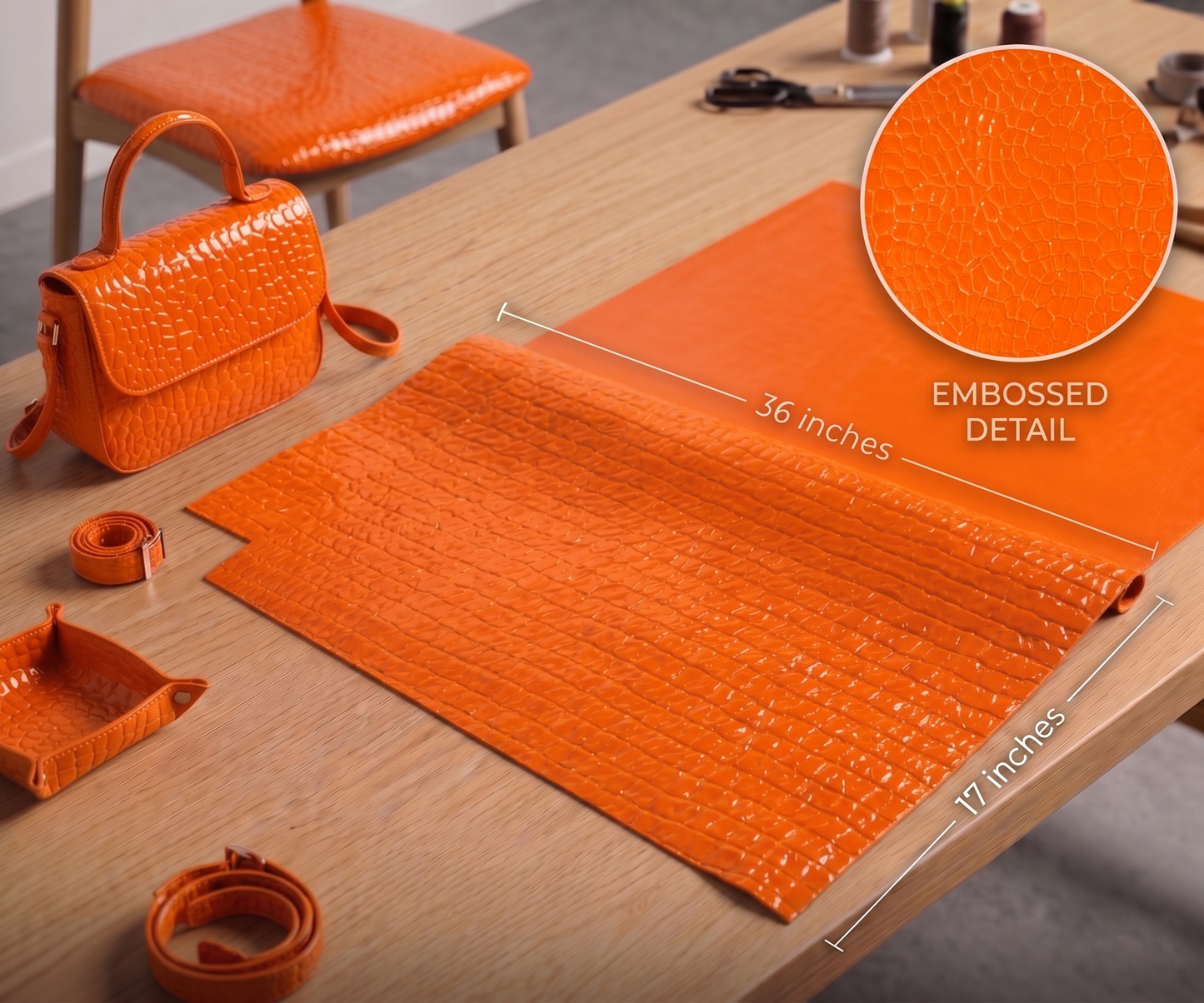 Belagio Enterprises 17" x 36" Faux Snake Vinyl Fabric – Embossed Orange Vegan Leather for Handbags, Upholstery & DIY Crafts