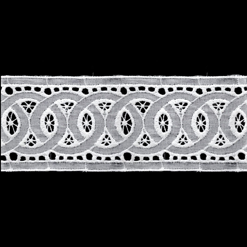A roll of white flat eyelet lace trim with a circle chain pattern.