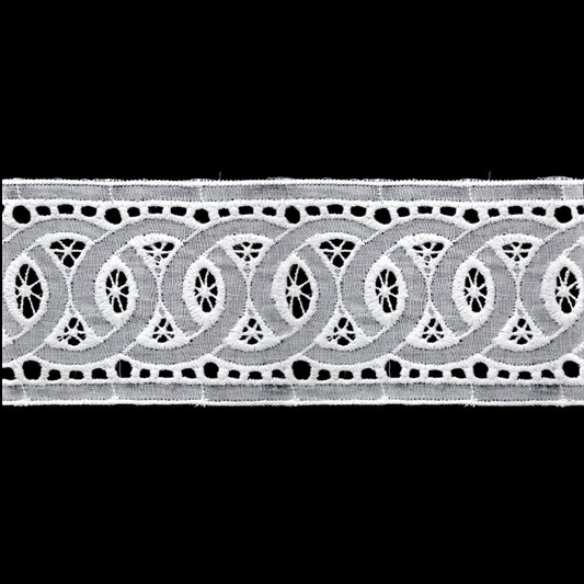 A roll of white flat eyelet lace trim with a circle chain pattern.