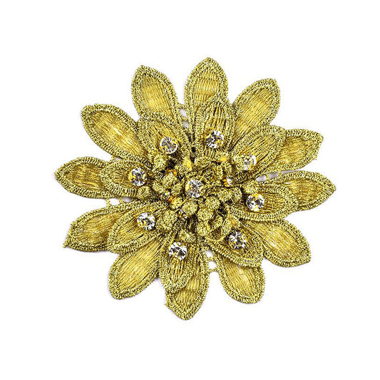 A gold floral trim with rhinestone accents on a white background.