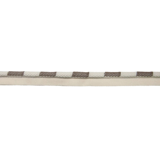 Close-up of a woven belt with gray plaid pattern on a white background
