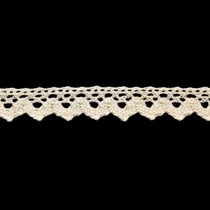 A roll of ivory cotton lace trim with a loop pattern.
